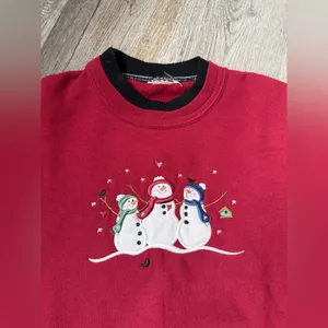 VTG Winter Snowman Sweater Pullover Sweatshirt Red Black Embroidered Size L XL thumbnail 3