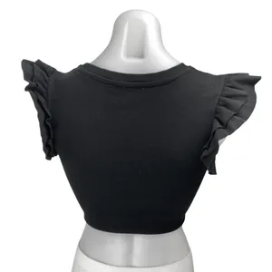 Zara Women's Black Rib Knit Ruffle Flutter Short Sleeve Crop Blouse Top Size S thumbnail 2