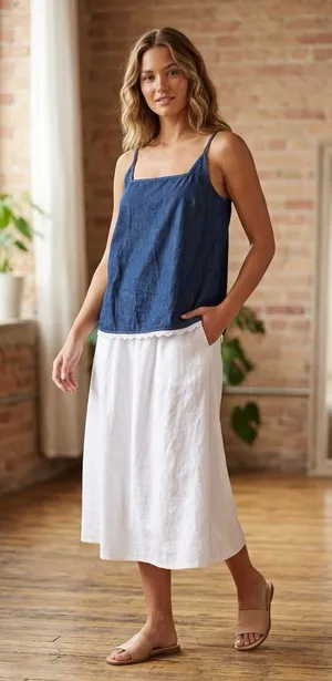 La Relaxed • Dark Denim Lace Trim Tank Top thumbnail 1