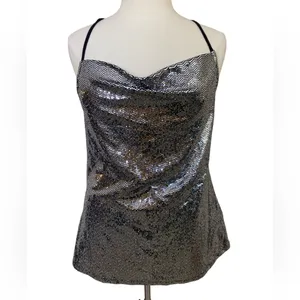 Women’s Stretch silver sequin cowl racerback cami Pull over party tank top thumbnail 2
