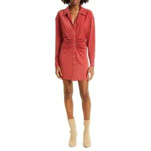 Cinq a Sept Women Arden‎ Mini Shirt Dress XS Sumac Ruched Jersey Knit Date Event thumbnail 2
