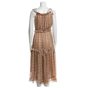 MISA Los Angeles Nita Midi Ruffle Dress in Flora Tile Mix Green and Pink Size M NWT thumbnail 6