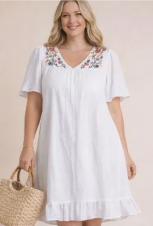 New!Cotton Lined White Gauze V-Neck Embroidered Floral Babydoll Dress Size 2X thumbnail 1