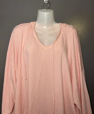 Aerie Shirt Womens XL Pink Terry Hooded V Neck Dolman Long Sleeve Tunic Top thumbnail 1