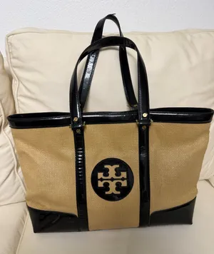 Tory Burch Tan Canvas Tote with Black Patent Leather Trim thumbnail 1