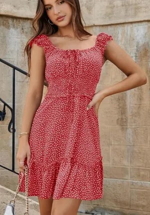 Red & White Polka Dot Smocked Sleeveless Mini Dress with Ruffle Hem Size Small thumbnail 1