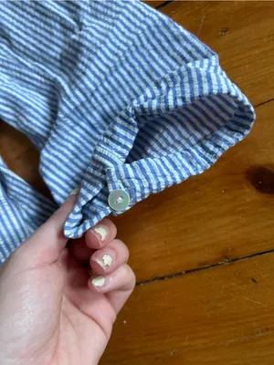 Jill Mogowan blue white striped button down shirt USA cotton small see stains thumbnail 5