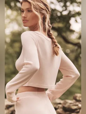 By Anthropologie Light Pink Long-Sleeve Waffle‎ Button-Front Crop Top Size XS thumbnail 2