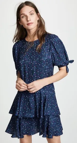 Rebecca Taylor Speckled Dot Silk Mini Dress Navy Blue Tiered Ruffle 2 thumbnail 1