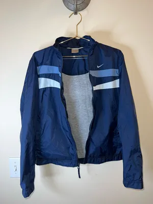 Nike Navy Lightweight Zip Windbreaker Jacket‎ Swoosh Stripe Women’s Medium thumbnail 3