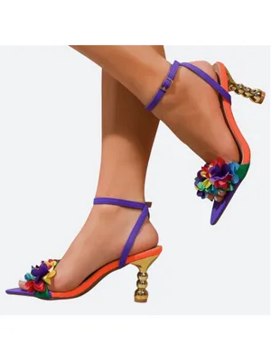 Rainbow 3D Flower Pointed Toe Floral Ankle Strap Heel Sandals Purple Size 39 thumbnail 2