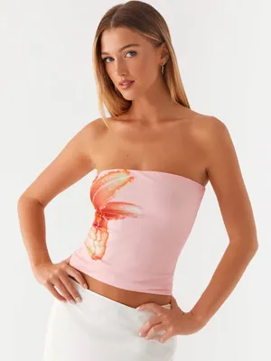Glassons Pink Strapless Tube Top with Orange Floral Detail thumbnail 1