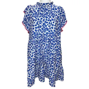 THML Anthropologie XL Blue White Floral Tiered Babydoll Dress Pink Pom Pom Trim thumbnail 2