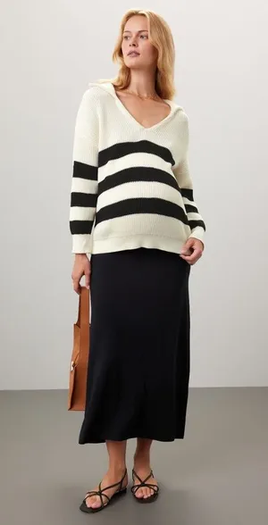 SOON Maternity Jenni Black White Striped Collared V-Neckline Sweater Size Medium thumbnail 1