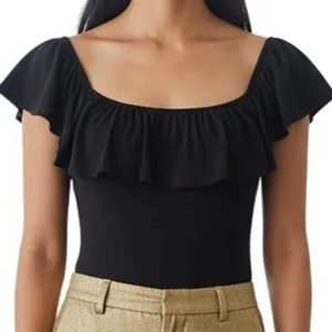 EXPRESS Black Ruffle Neck Ribbed Cap Sleeve Cap‎ Sleeve Bodysuit NWOT Small thumbnail 1