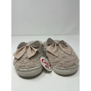 Womens Taupe Fuzzy Faux Fur Scuff Slippers Double Bow Detail Women 8 Soft Girl thumbnail 2