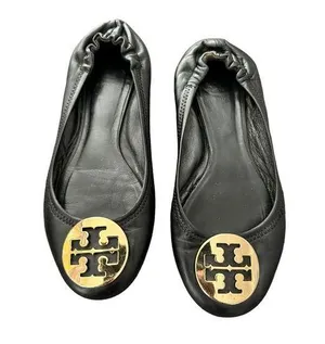 Tory Burch Reva Black Leather Gold Logo Medallion Ballet Flats Size 7 thumbnail 1