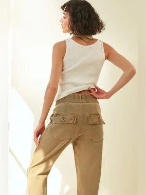 AMO Drapey Army Pant Linen Cotton Khaki Paperbag Waist Utility Pants Sz 26 thumbnail 3