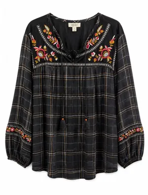 Style & Co Blouse Womens XL Plaid Embroidered Boho Peasant Tassel Velvet Top thumbnail 1