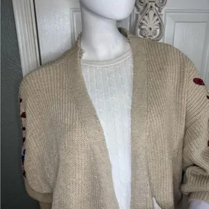 Knitted Long Cardigan Sweater Embroidered Flowers Chunky Size large. thumbnail 3