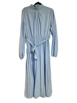 Women’s Pale Blue Pleated Midi Dress with Tie Waist thumbnail 2