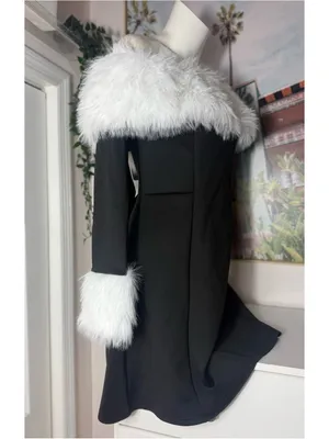 Womens Black Off Shoulder Faux Fur Trim Mini Dress Size XL Fit Flare Long Sleeve thumbnail 6