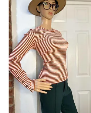 Madewell Crew Neck Button Cuff Orange Maple Stripe T-Shirt Top thumbnail 2