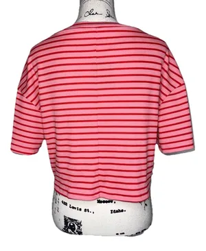 Missguided Striped Waffle Knit Crop Top Tee Womens MED Pink Red Short Sleeve Boxy thumbnail 5