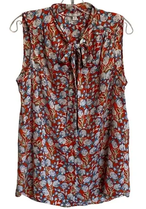 Pleione Womens Sleeveless Tie Neck Floral Blouse Orange Blue White WQZ58232RK M‎ thumbnail 1
