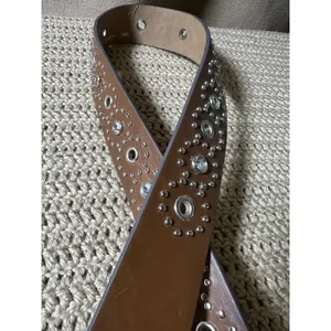 Western Brown Leather Rhinestone Studded Belt Medium Floral Engraved Buckle thumbnail 4