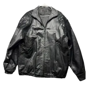 Vintage Damselle Women's Size XL Leather Black Bomber Jacket Floral Patchwork thumbnail 1