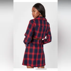 Lulus Red Navy Blue Plaid Cutout Back Mini Shirt‎ Dress NWT Medium thumbnail 2