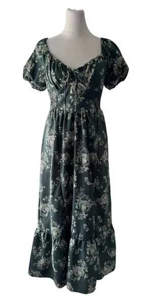 Hint of Blush Green Floral Print Smocked Waist Puff Sleeve Maxi Dress thumbnail 1