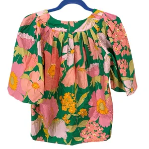 Flora Bea 100% Cotton Green Pink Floral Puff Sleeve Top Size Small thumbnail 4