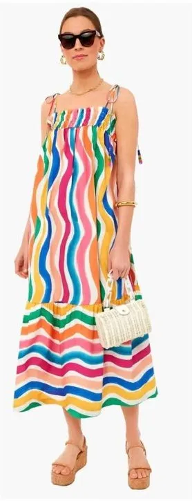 FARM RIO Maxi Dress rainbow colorful Wavy Dancing Stripes Beaded Tassel thumbnail 1