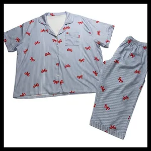 Unbranded Pajama Set Women 4X Blue Red Striped Bow Print Sleepwear Loungewear thumbnail 1