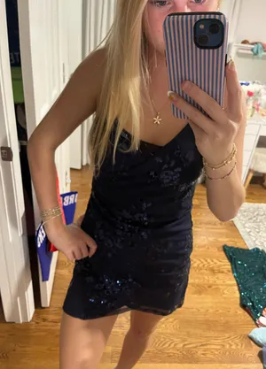 Lulus navy sequin wrap mini homecoming dress thumbnail 3