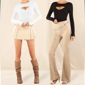 Sexy Front Cutout Long Sleeve Bodysuit for Women Round Neck Body Suit NWT thumbnail 3