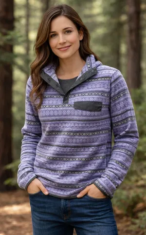 Jachs‎ Classic Womens Fleece Pullover Purple Fair Isle Print Snap Neck Size M thumbnail 1