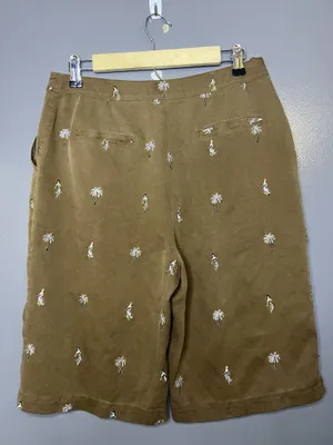 Vintage Bobby Chan Bermuda Shorts Womens 10 Brown Silk Palm Hawaiian Embroidered thumbnail 4