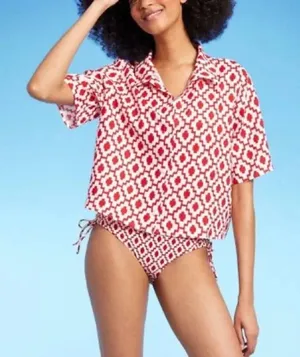 Shade & Shore™ Cropped Button-Up Short Sleeve Cover Up Top - Size XL - Red - NWT thumbnail 1