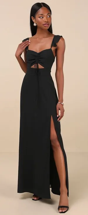 NWT Lulus The Way to Love Black Ruffled Maxi Dress Bridesmaid Gala Banquet Sz L thumbnail 1