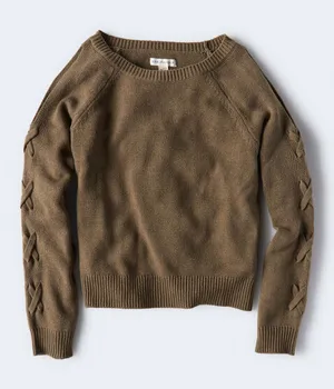 Aeropostale Olive Cold Shoulder Lace-Up Sleeve Crewneck Sweater thumbnail 1