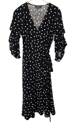 Lulu's Black White Polka Dot Tiered Ruffle 3/4 Sleeve Midi Tie Wrap Dress Small thumbnail 1
