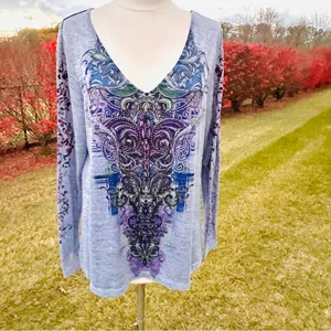 Live & Let Live Blue & Purple Printed Embellished Long Sleeve Top Women's thumbnail 2