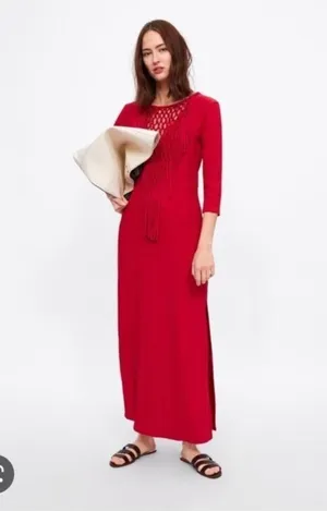 Zara Bright Red Fringe Knit Maxi Dress thumbnail 1