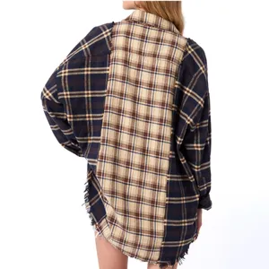 UNITED LOVERS Dove Oversized Plaid Shirt in Navy & Brown - Vintage Wash - M/L thumbnail 2