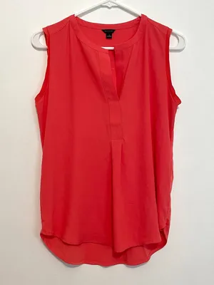 ANN TAYLOR Matte Jersey Shell Coral Split Neck Mixed Media Sleeveless Tank Top S thumbnail 3
