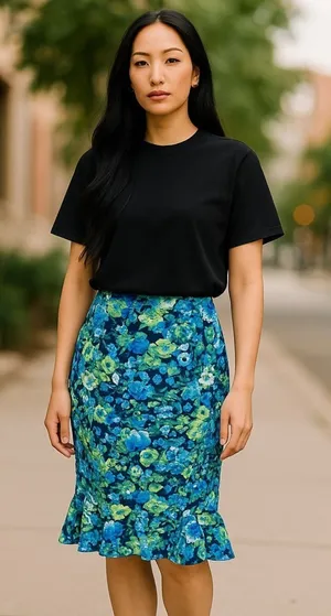 Vtg 90s size L Floral blue green white stretchy ruffle hem skirt feminine retro thumbnail 1