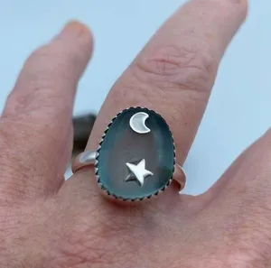 Moon & Star Sea Tumbled Sea Foam Sea Glass Sterling Silver Ring Size 10 thumbnail 2